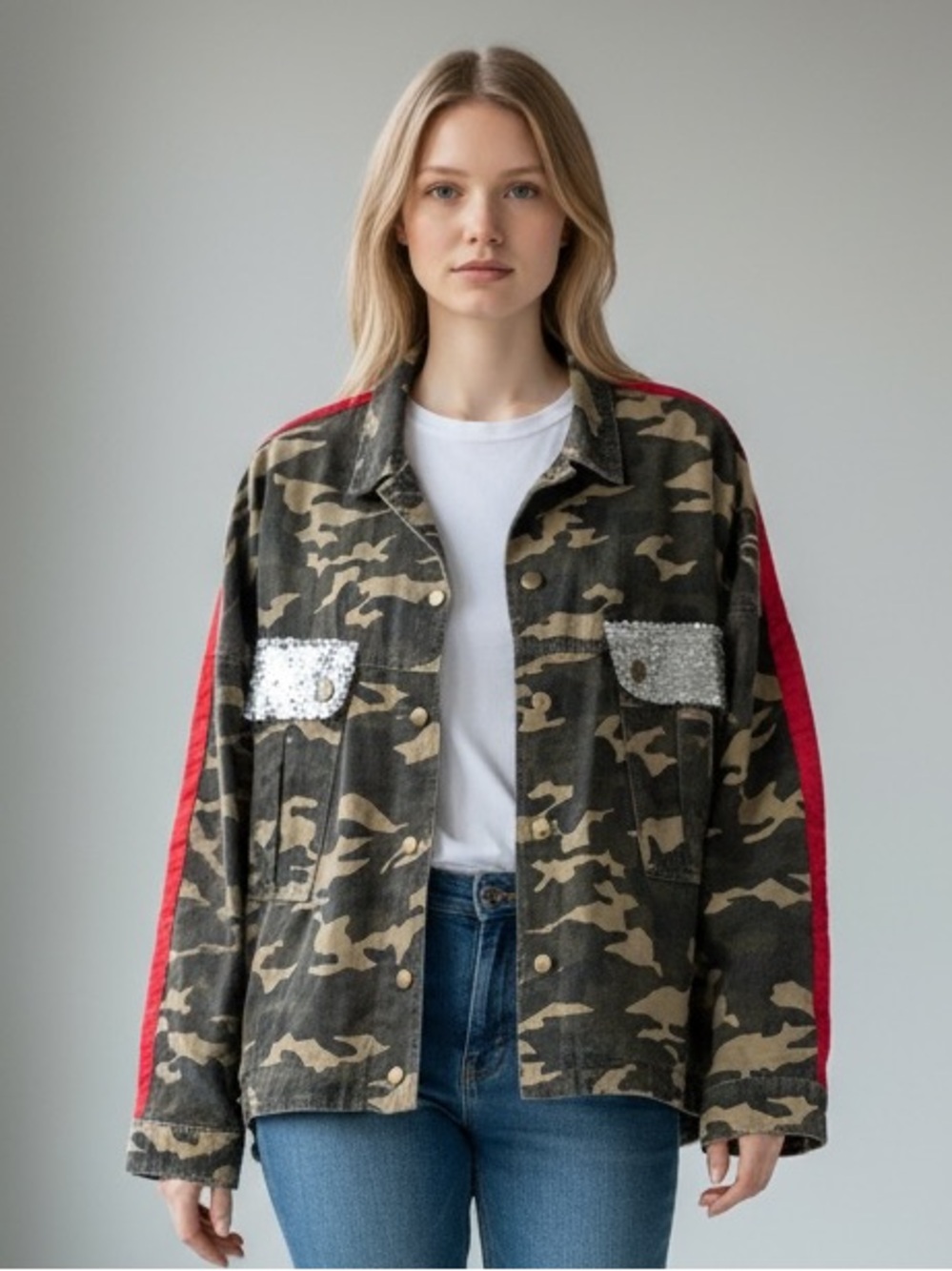 THE ROOM Camo Red Stripe Jacket S 26” p2p Black/Tan